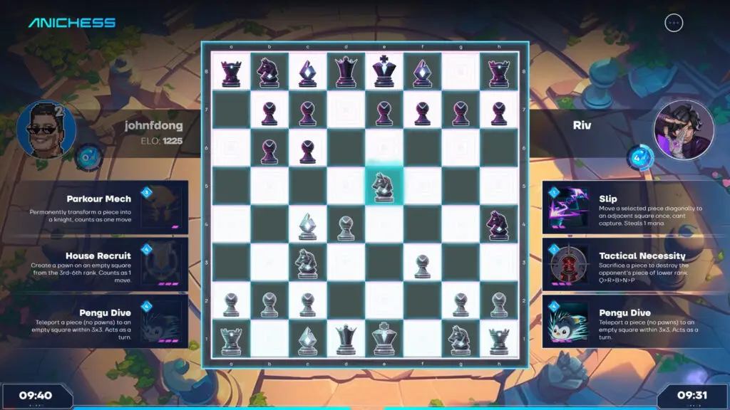 Anichess gameplay featuring active mechanics and player stats