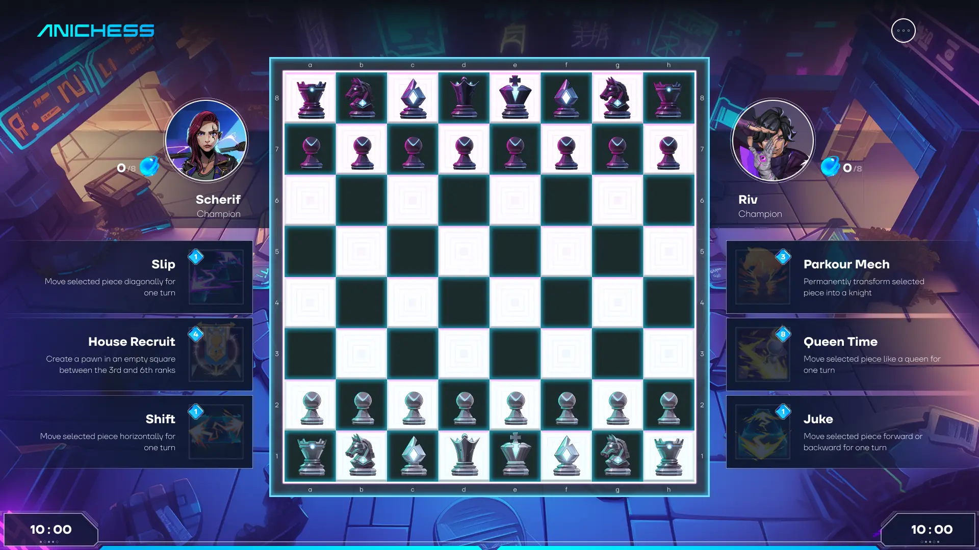 Anichess gameplay featuring active mechanics and player stats