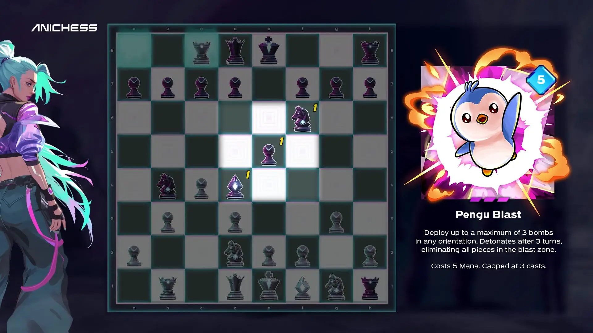 Anichess gameplay demonstration showing the Pengu Blast ability