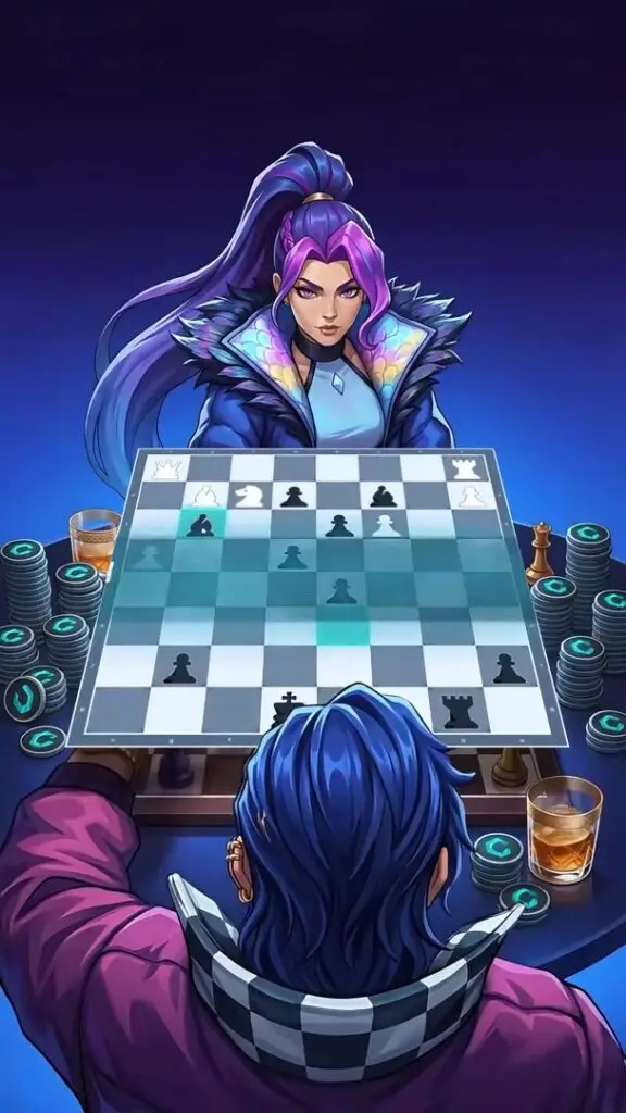 Anichess trailer art showing two players represented by in game chatacters playing vs. each other