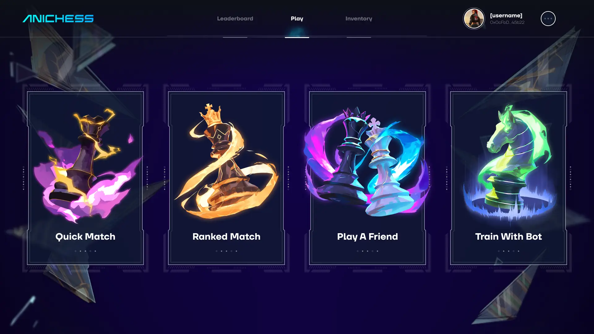 Anichess UI showcasing gambit mode selection and functional navigation