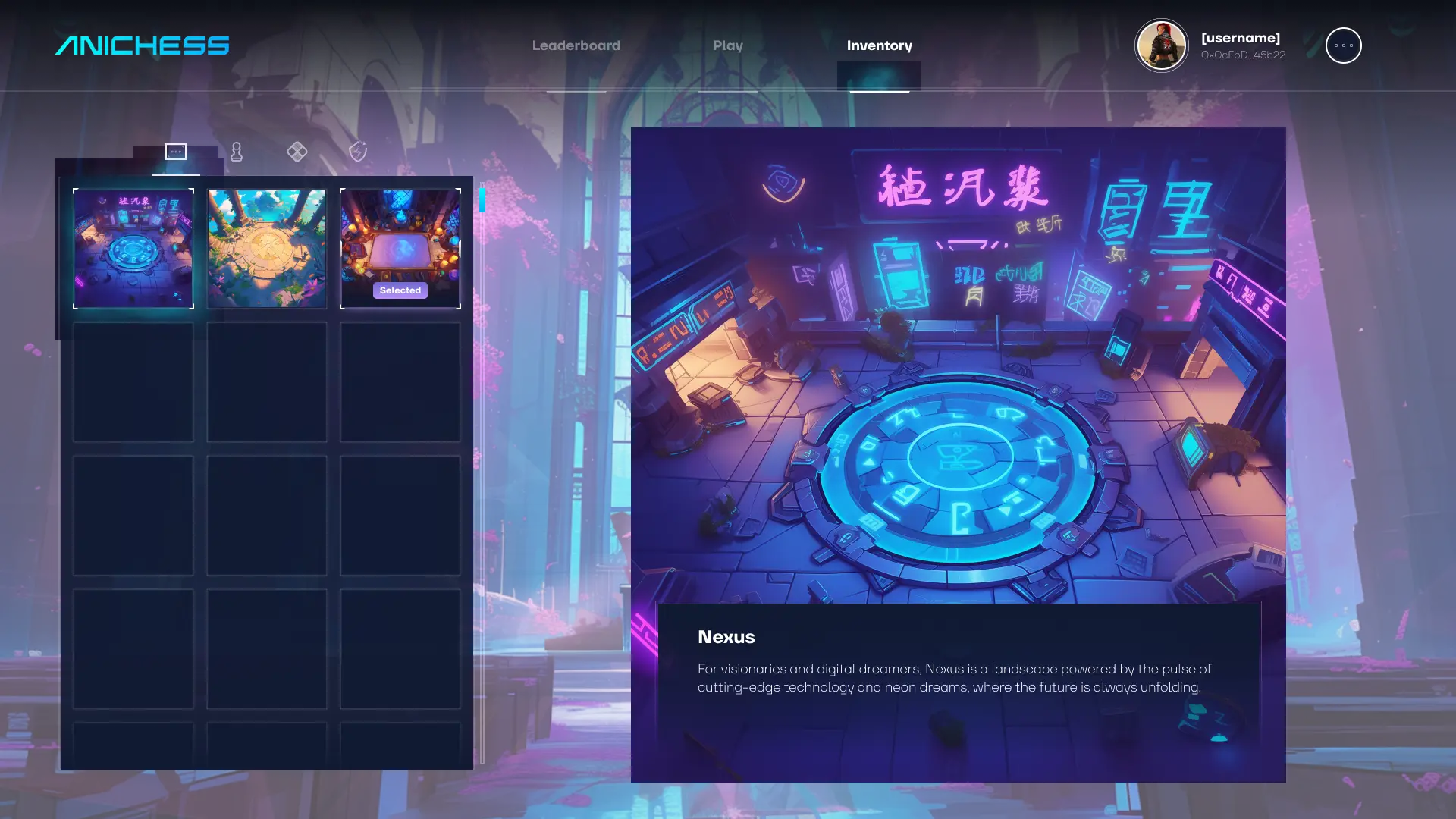 Anichess inventory system displaying ethernal NFT