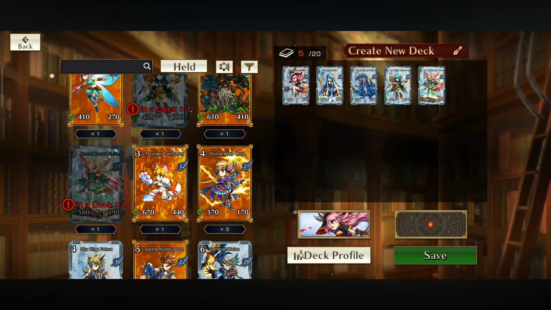 Brave Frontier Versus deck-building screen, arranging character cards into a new deck with Save and Deck Profile options