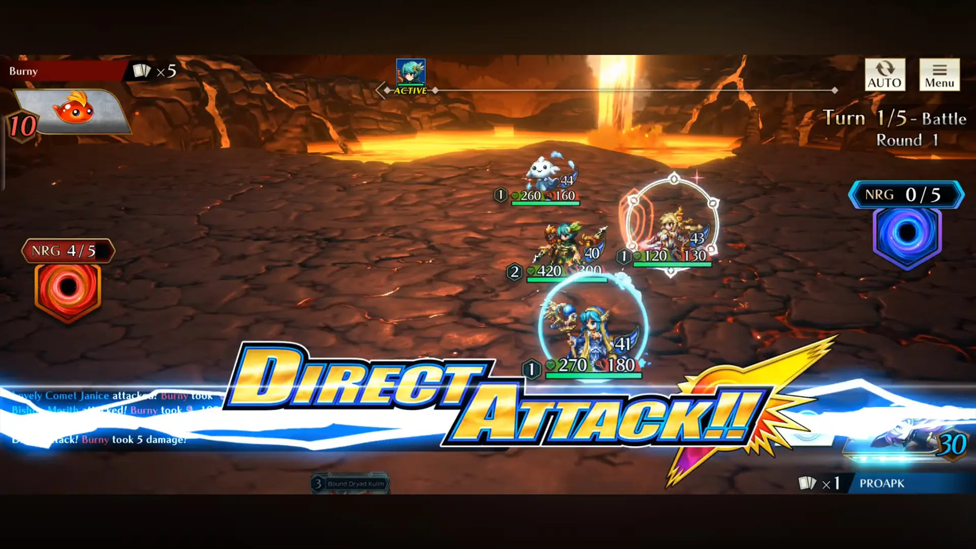Brave Frontier Versus combat on a lava field triggering a Direct Attack on turn 1 of a five-turn round