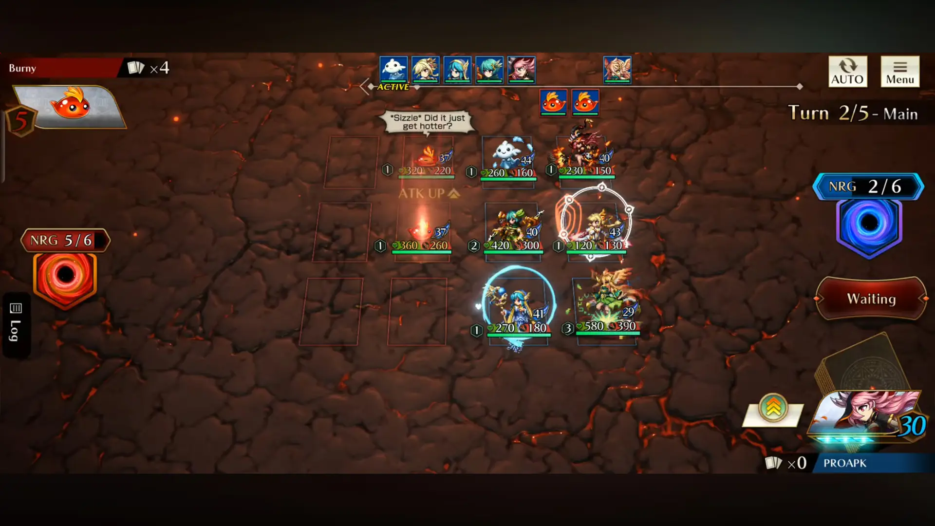 Brave Frontier Versus five-turn PvP battle on a volcanic field, waiting during turn 2 with energy gauges shown