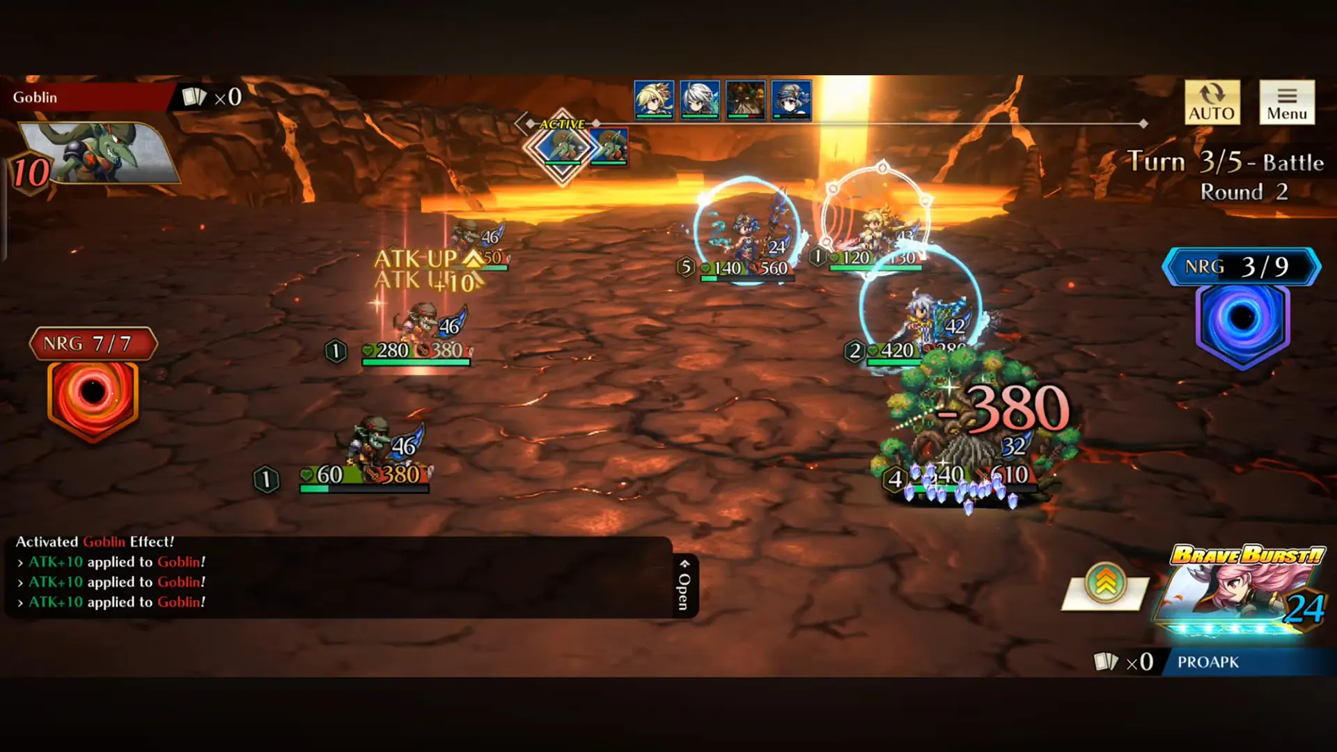 Brave Frontier Versus battle dealing 380 damage with an ATK UP buff active on turn 3