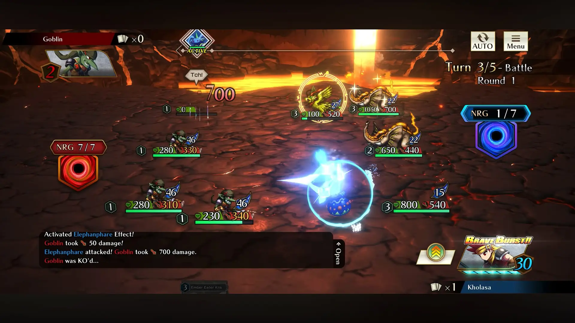 Brave Frontier Versus combat with a blue energy attack scoring a KO, shown in the turn-3 battle log