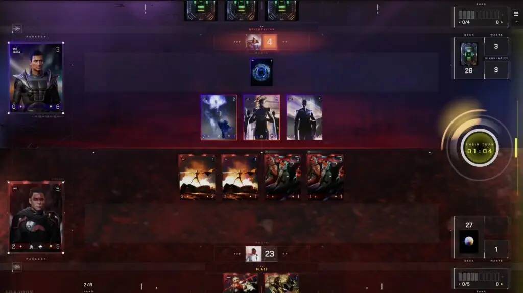 Parallel TCG mobile UI showing HP and turn timers in sci-fi card gameplay
