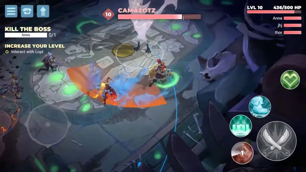 Spectarium gmaeplay image showing three characters in combat against a boss.