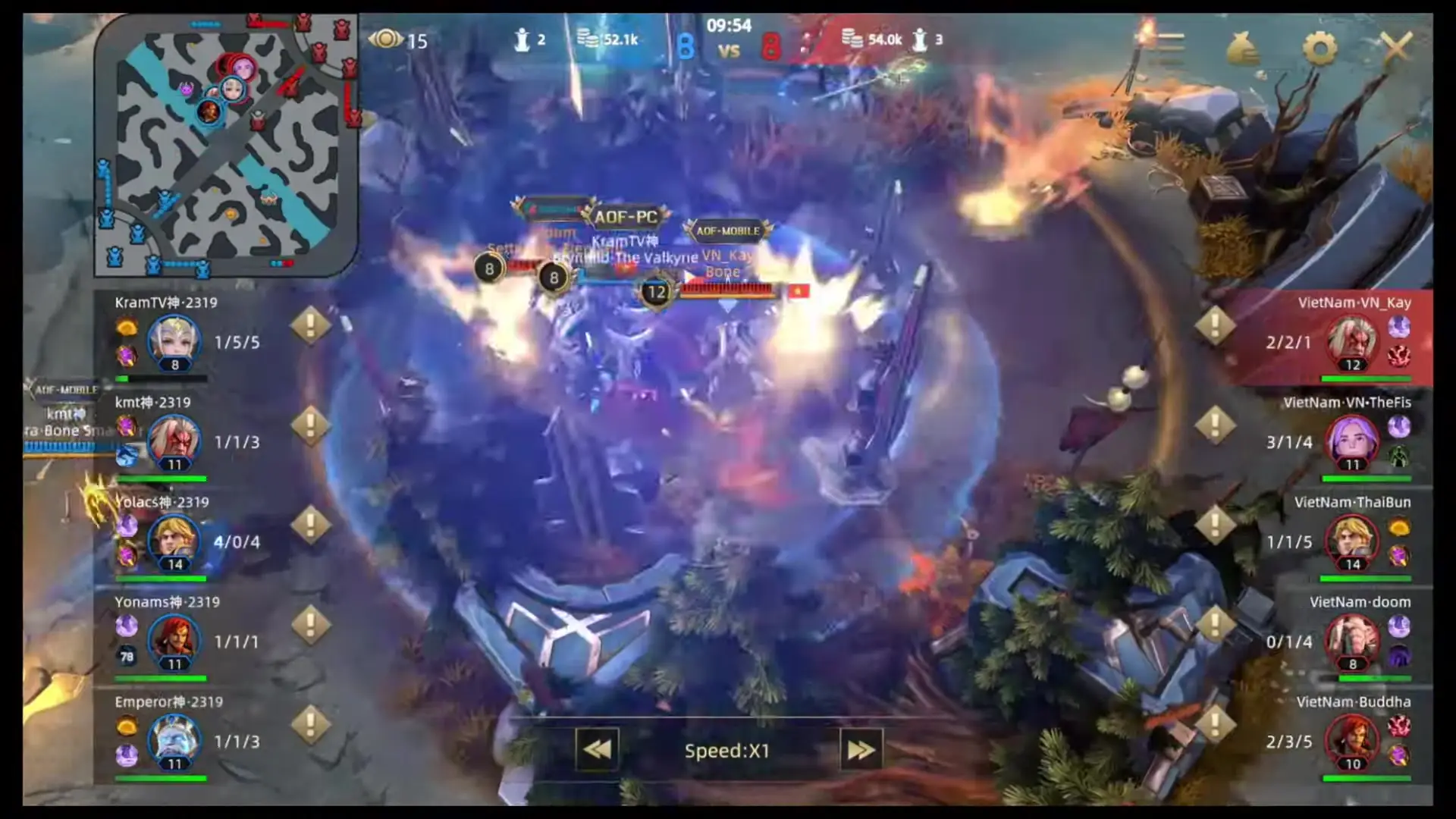In this screenshot from arena-of-faith, multiple characters are engaged in a chaotic battle near the center of the map while surrounded by spell effects and user interface elements displaying scores and player stats.