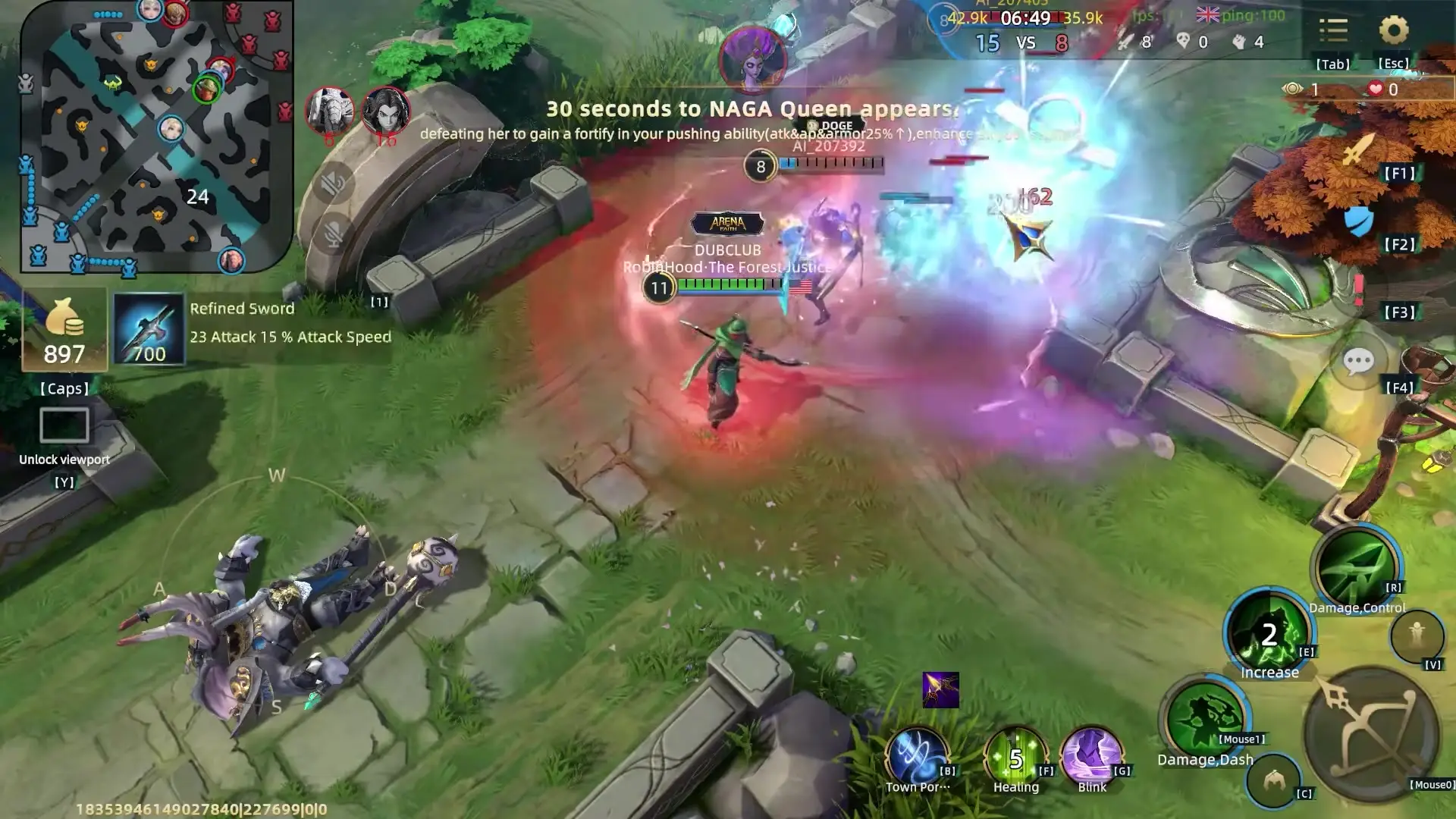 In this screenshot from arena-of-faith, characters engage in combat near stone ruins on a grassy map while an interface displays health bars and ability icons around the edges of the screen.