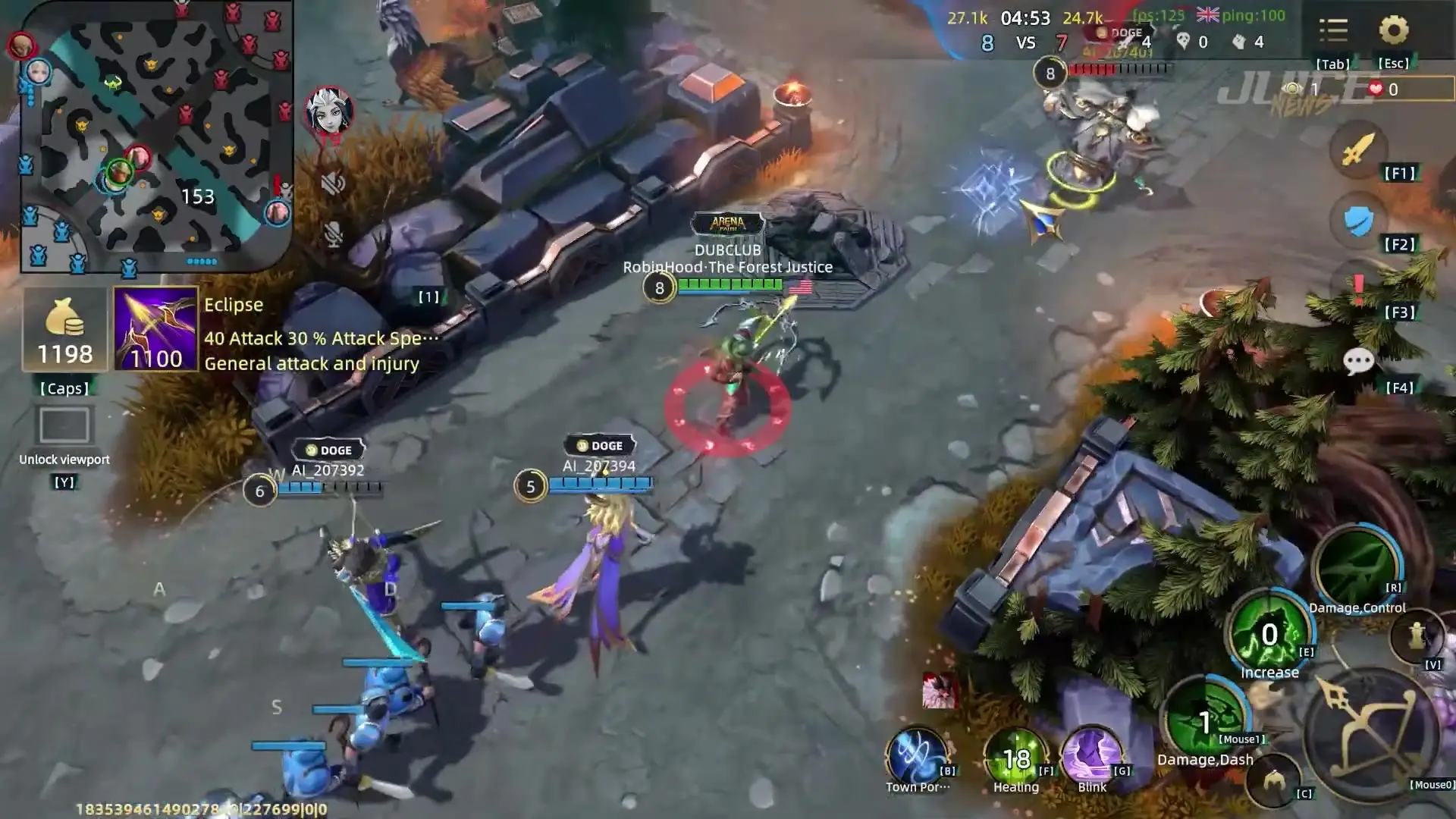 In this screenshot from arena-of-faith, several fantasy characters engage in combat on a stone pathway near defensive structures while user interface elements display stats and abilities.