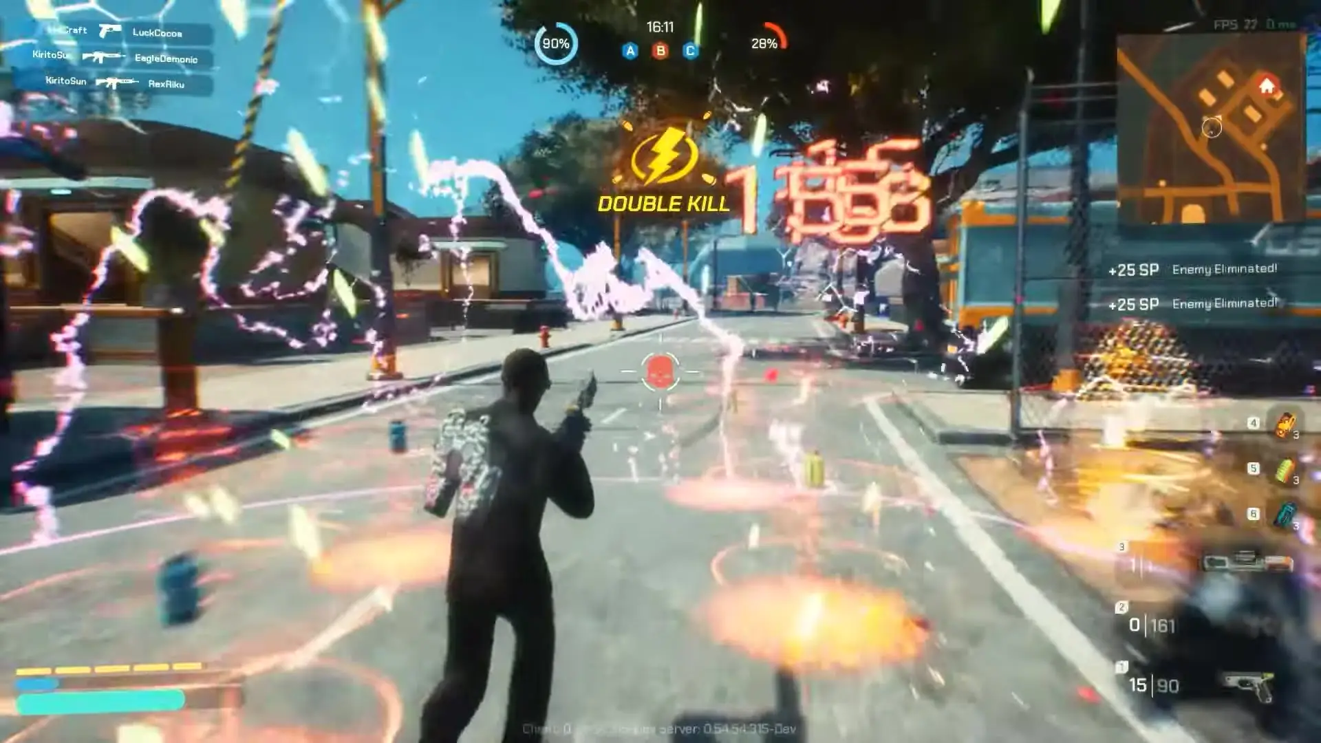 In this screenshot from the game Artyfact, a character in dark clothing stands on an urban street holding a pistol while surrounded by colorful electrical effects and explosions after achieving a double kill.