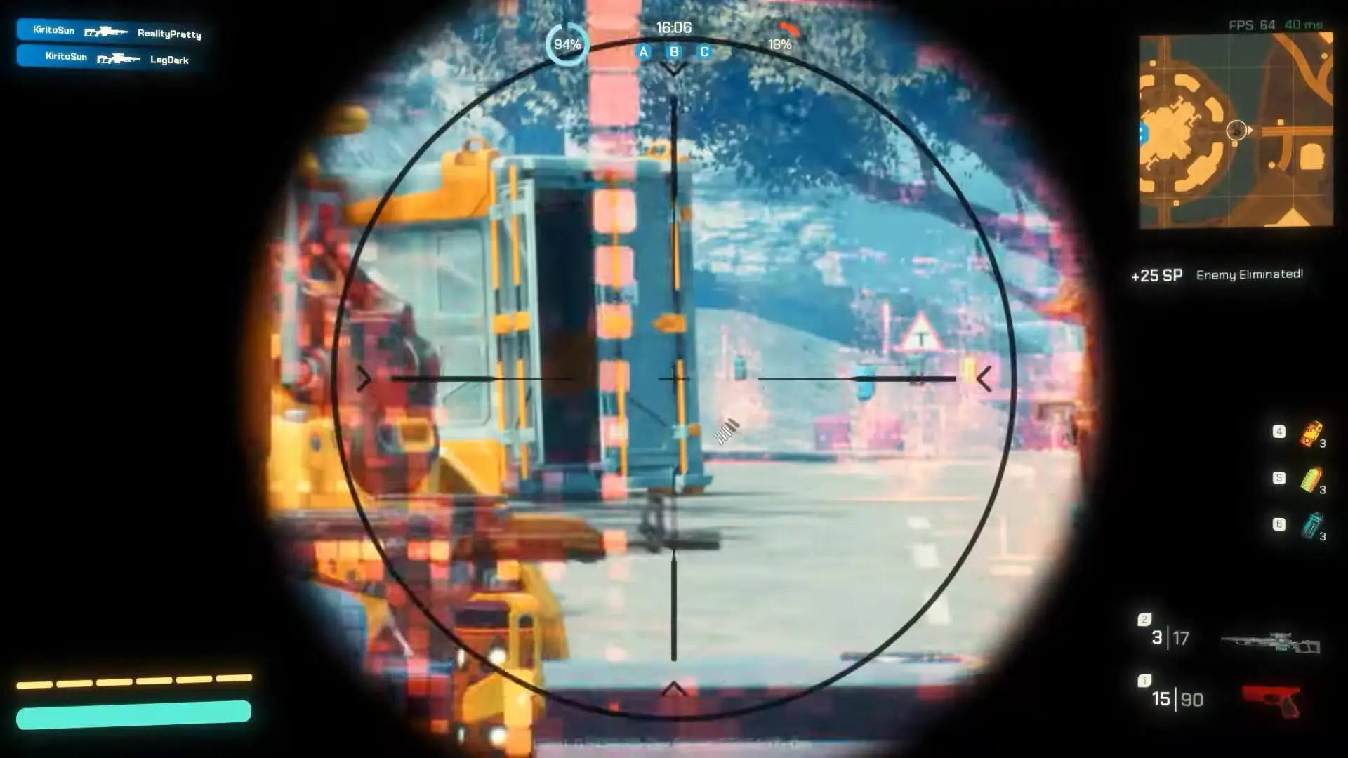 In this screenshot from the game Artyfact, a first-person view through a sniper scope targets an industrial area containing yellow machinery and shipping containers while on-screen text indicates that an enemy has been eliminated.
