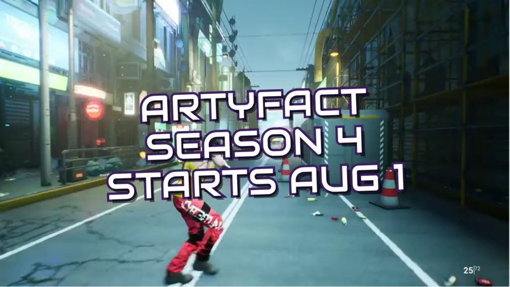 In an urban street setting from the game Artyfact, a character in red pants is seen mid-action while large text announces that Season 4 starts on August 1st.
