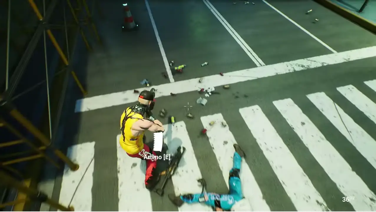 In this screenshot from the game Artyfact, a character in yellow holds a sawed-off shotgun while standing over an opponent lying on a crosswalk littered with spent casings and debris.