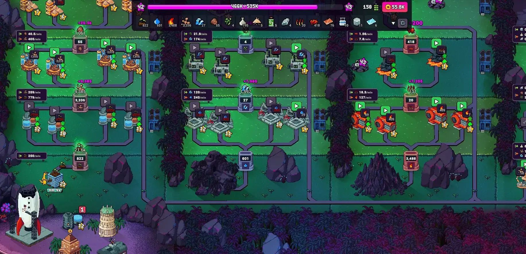 A top-down view of a factory base set in the game Craft World.