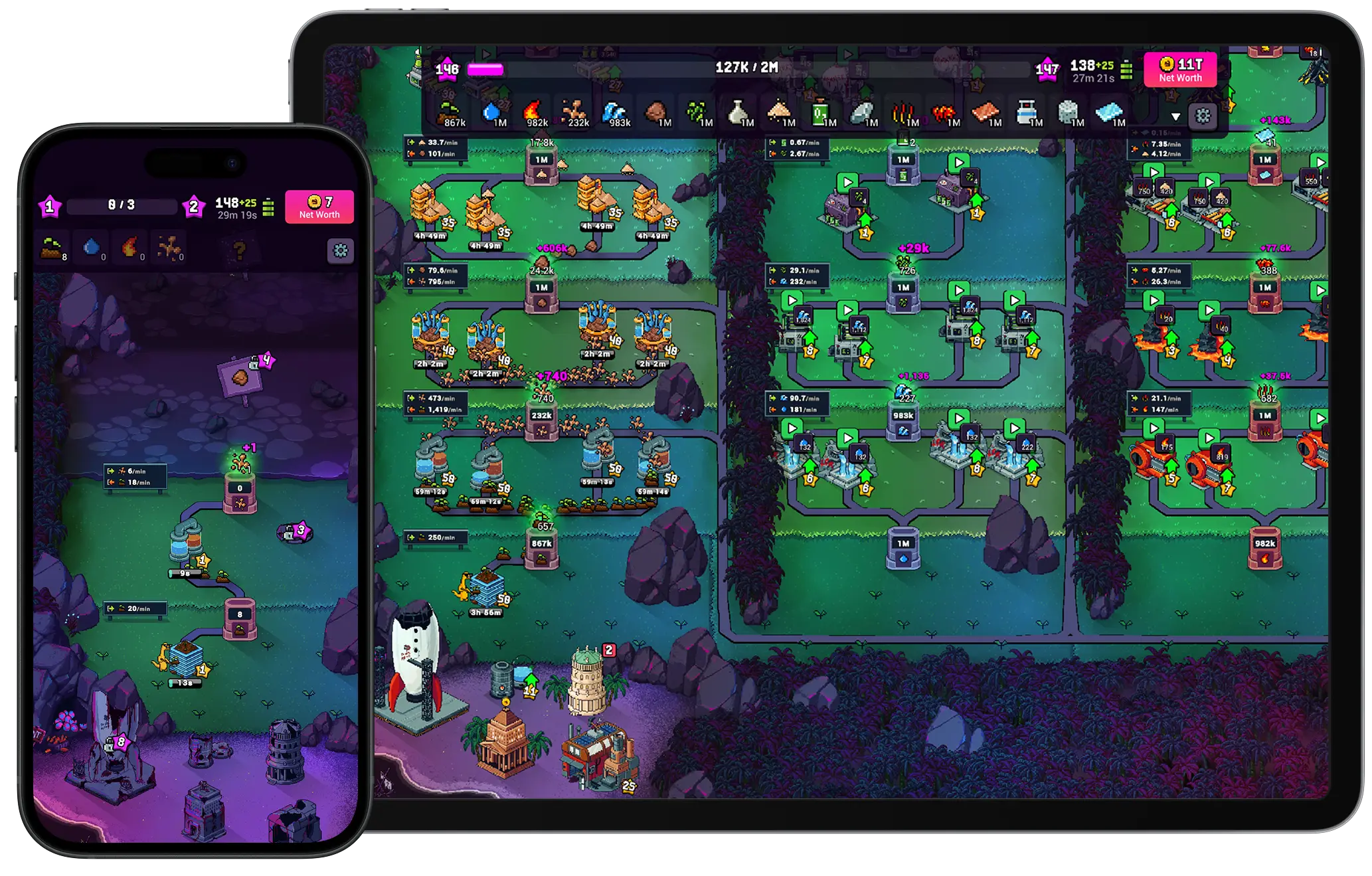 A smartphone and tablet display side-by-side show gameplay from the game Craft World.