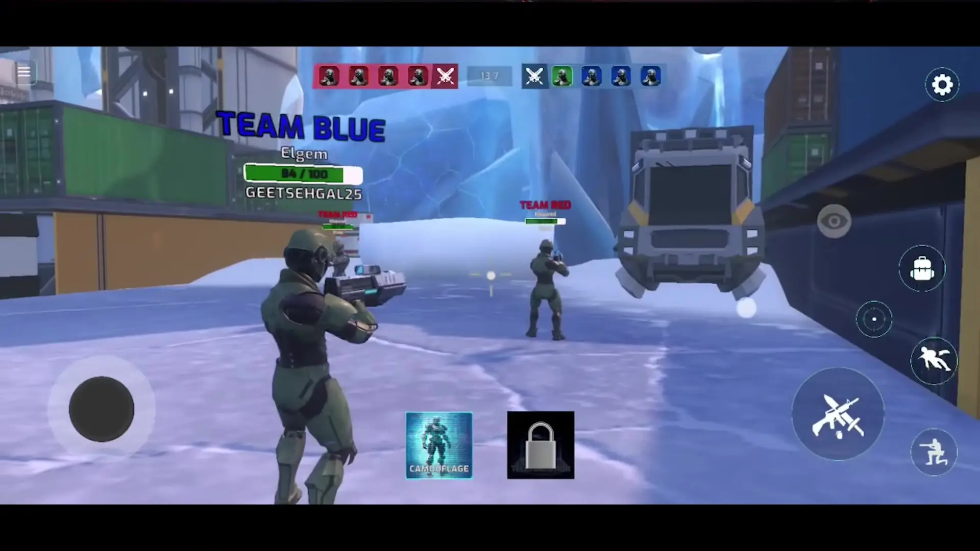 In this screenshot from Alien Worlds, two armored soldiers in green suits engage in combat on an icy surface near shipping containers and a hovering vehicle while the game's user interface displays team scores and control buttons.