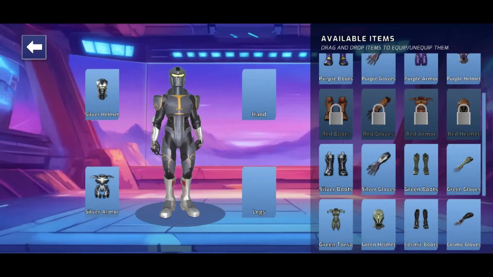 In an Alien Worlds customization screen set against a futuristic purple background, a character model wearing silver armor stands on the left while various equipable items like boots and helmets are displayed in a grid labeled 'Available Items' on the right.