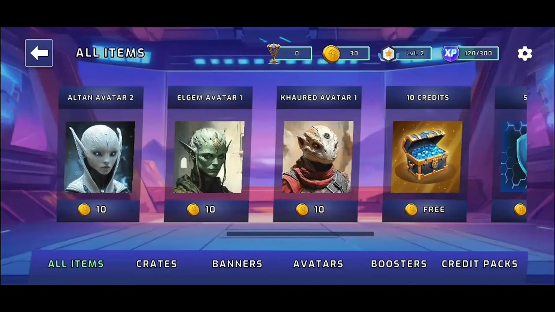 In this screenshot from Alien Worlds, the All Items shop displays purchasable avatars like Altan and Elgem alongside free credit packs against a futuristic purple background.