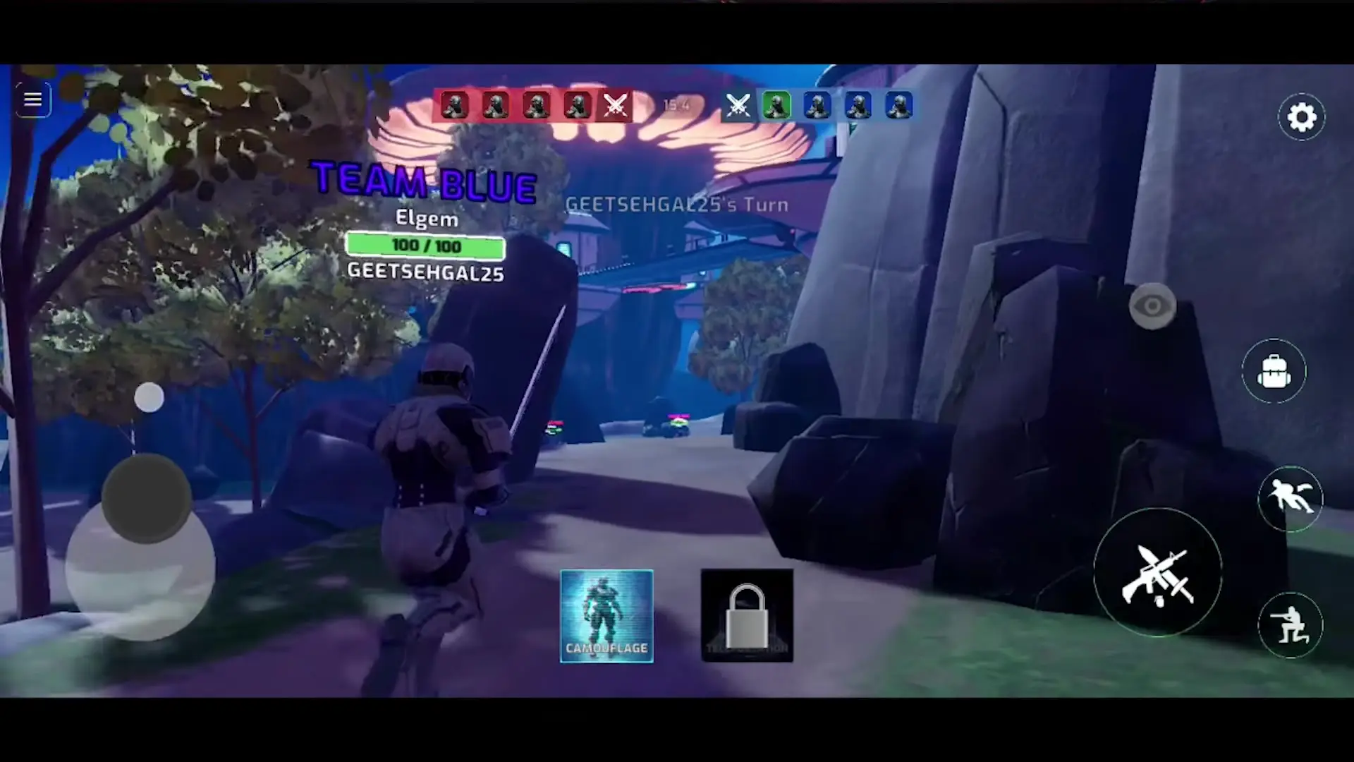 In this screenshot from Alien Worlds, a character in white armor runs through an outdoor environment filled with large rocks and trees while the user interface displays team status for Team Blue.
