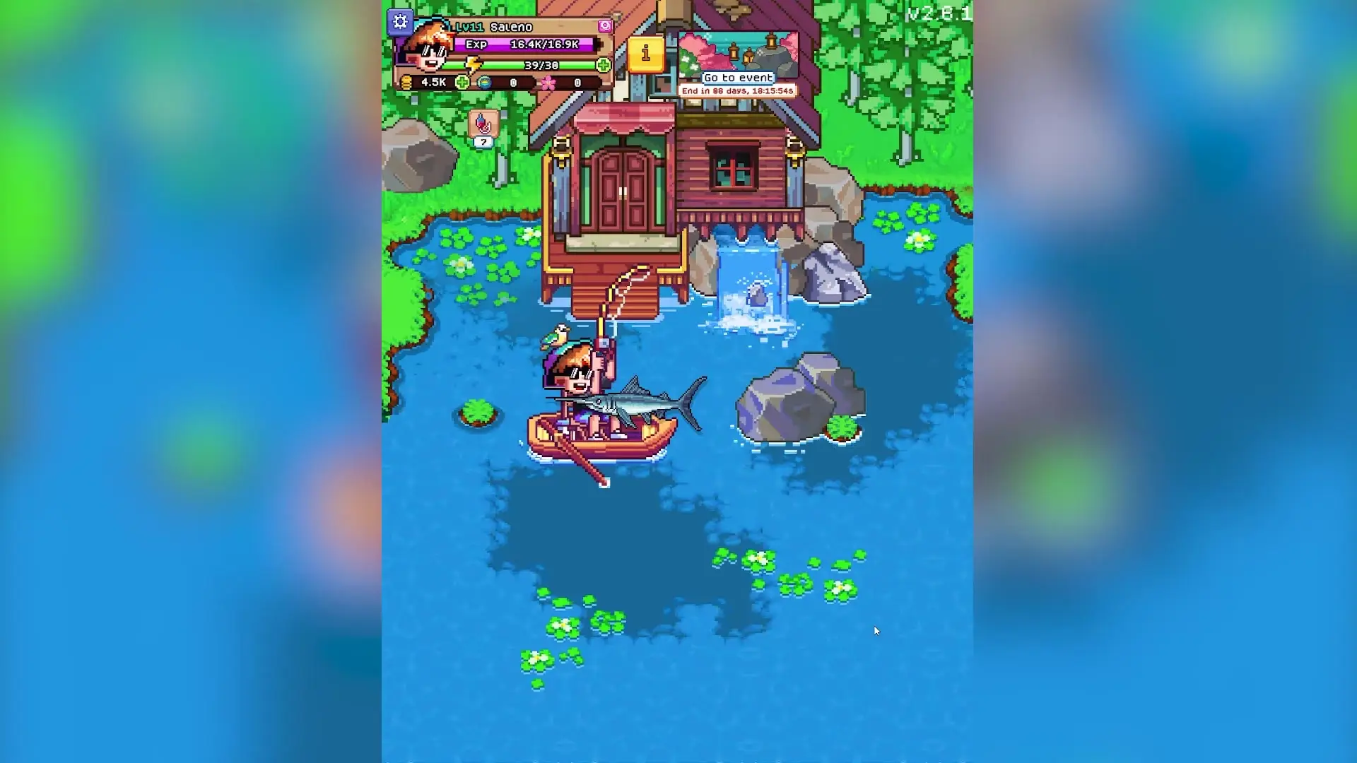 Fishing Frenzy image 1: A pixel-art character wearing sunglasses sits in an orange rowboat on blue water while holding up a large fish, positioned near the wooden dock of a house with a waterfall cascading into the pond below.