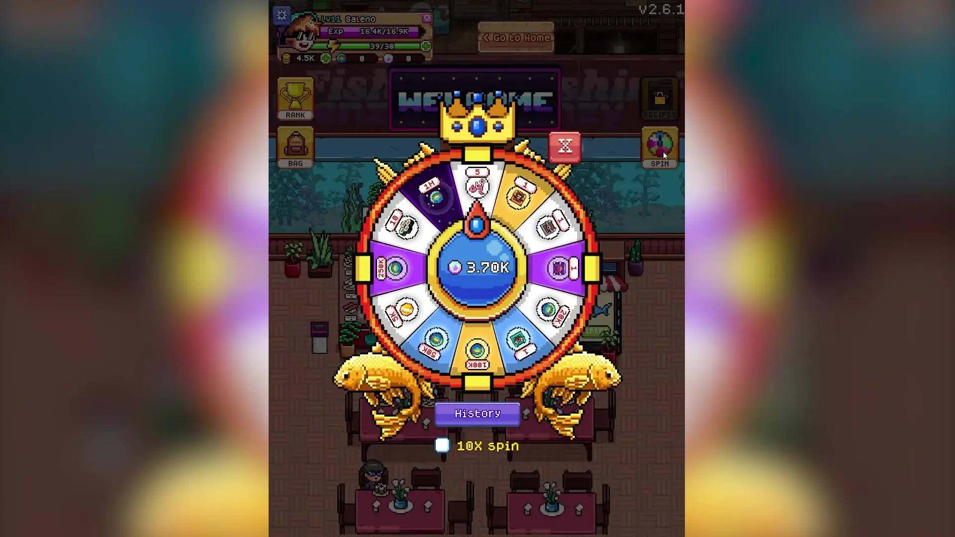 Fishing Frenzy image 2: A large prize wheel featuring various rewards is displayed in the center of an indoor setting that resembles a restaurant or shop, flanked by two golden fish statues and surrounded by user interface elements for spinning and viewing history.