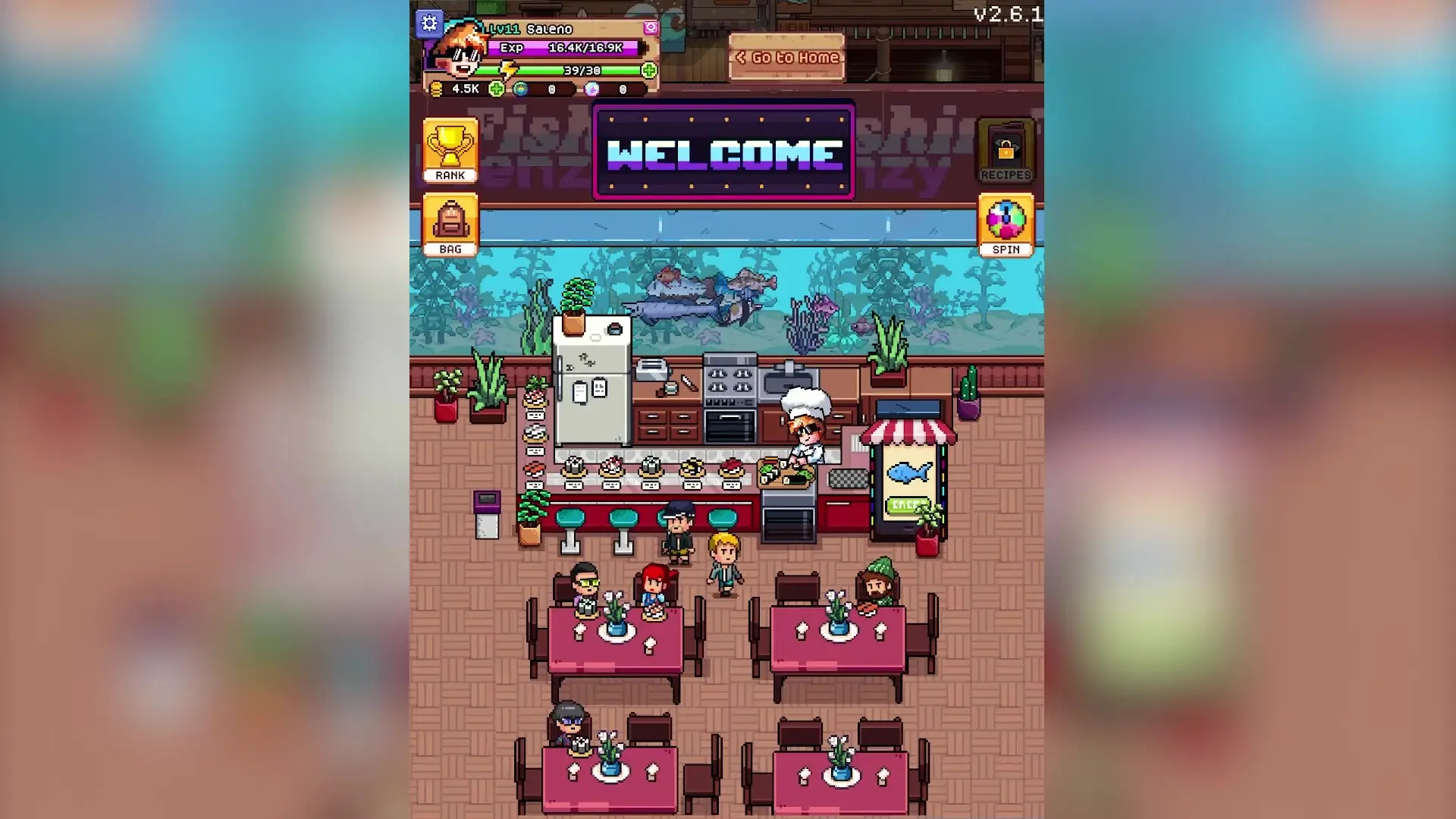 Fishing Frenzy image 3: In this pixel-art scene set inside a restaurant kitchen overlooking an aquarium, a chef character stands behind the counter while several other characters sit at tables or stand nearby in the dining area below.