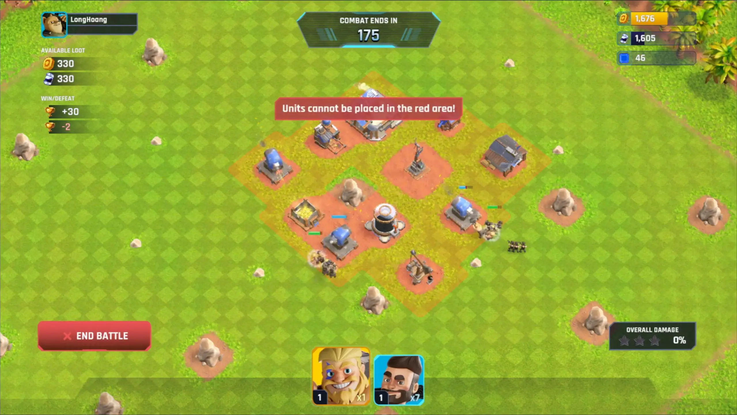 A top-down view of a tactical battle on a green grassy field where small military units are positioned around various defensive structures and resource buildings, with user interface elements displaying combat timers, available loot, unit selection cards at the bottom, and an error message stating that units cannot be placed in the red area.
