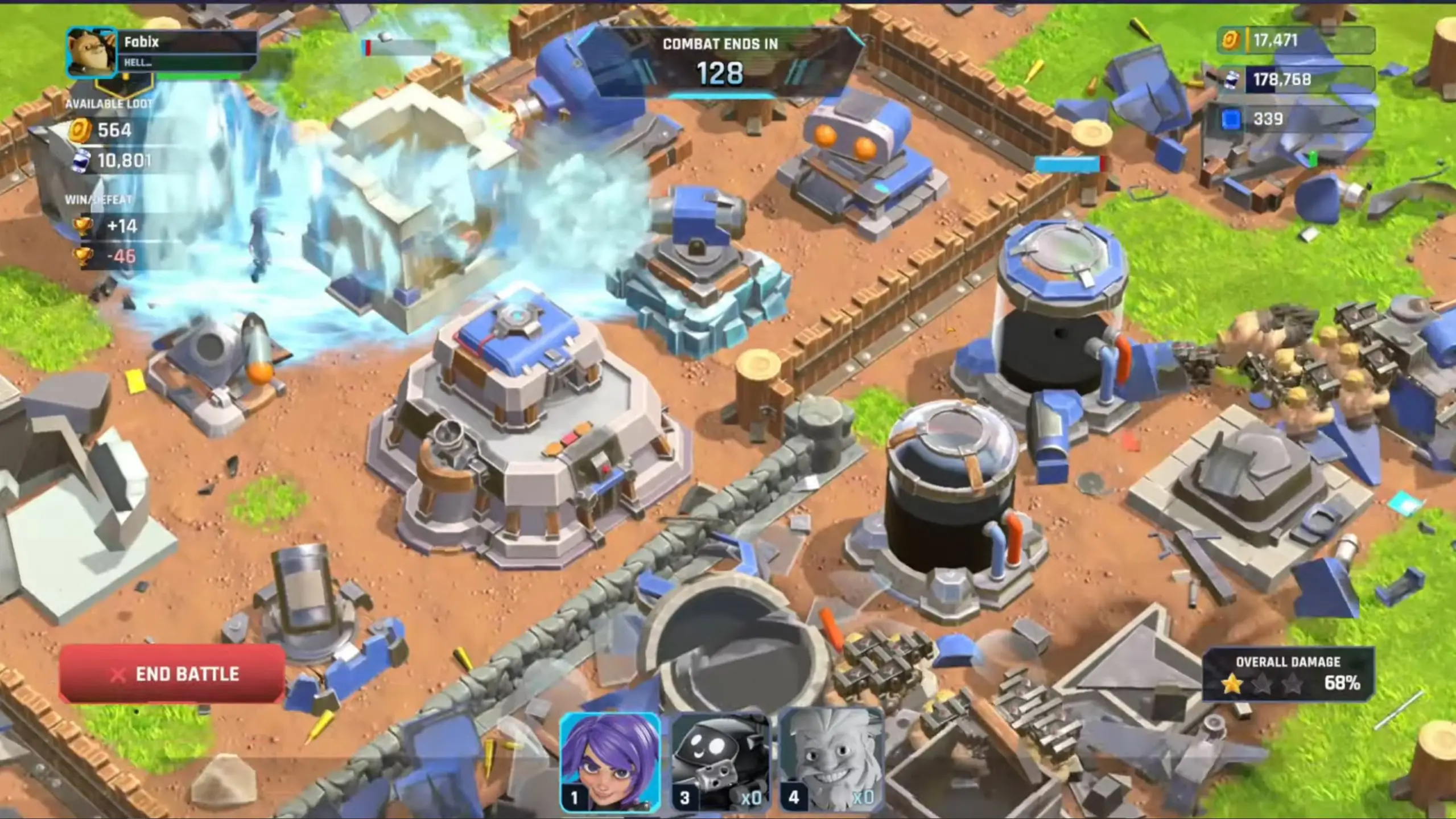 A top-down view of an active battle on a dirt battlefield where blue defensive structures are firing at attacking units, causing explosions and debris amidst various military buildings and walls under a user interface displaying combat statistics.