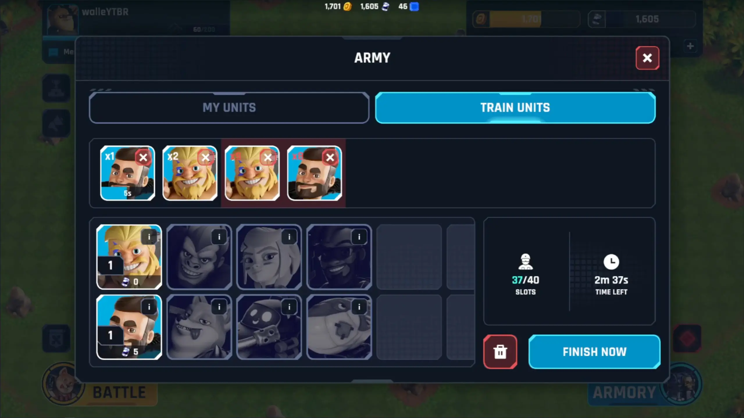 A user interface screen titled 'ARMY' displays two tabs for managing units, showing selected characters in the top row and an available roster of various avatars below alongside a training timer indicating 2 minutes and 37 seconds remaining.