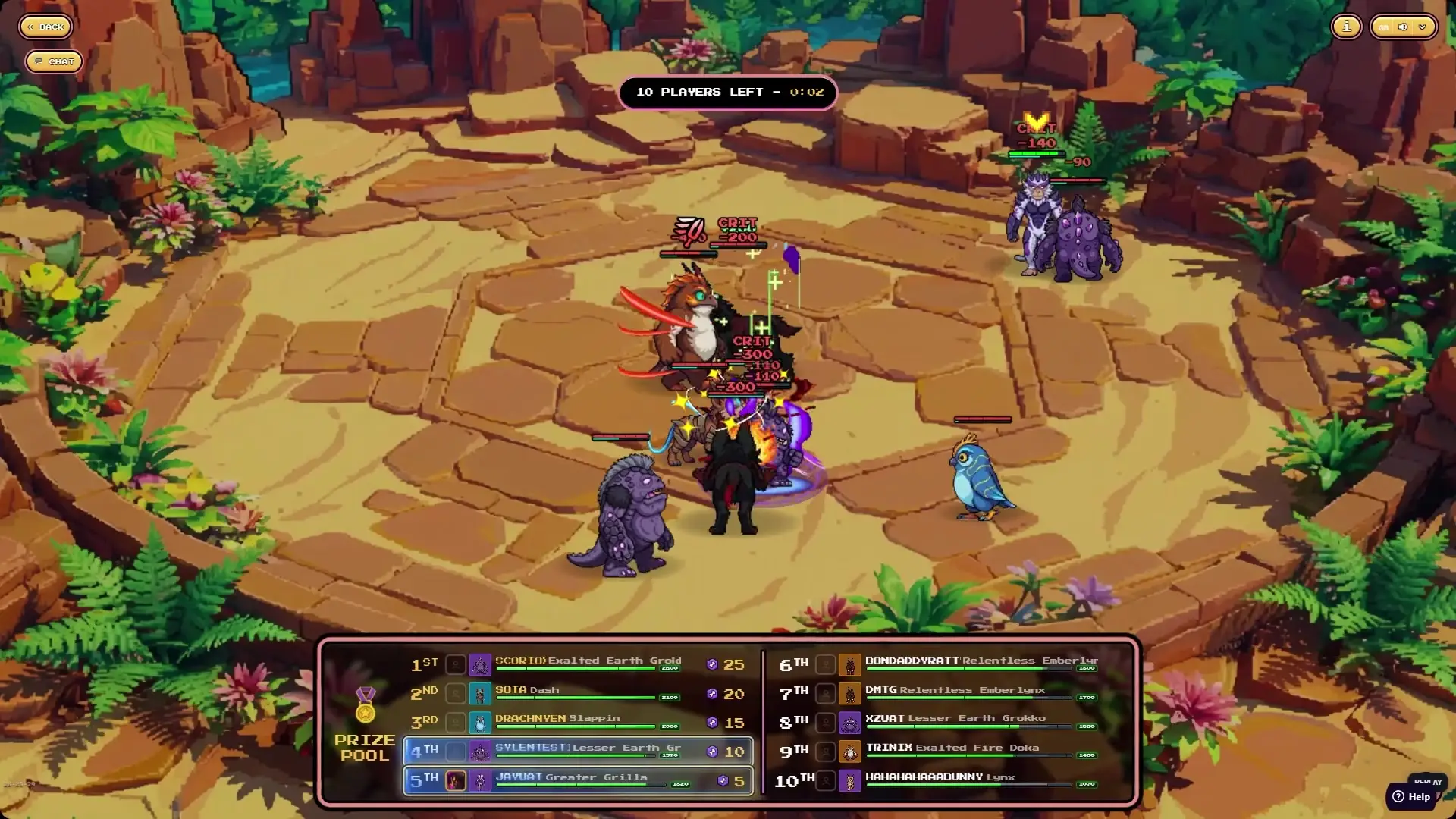 In this screenshot from Illuvium Deathmatch, several distinct creatures engage in combat on a sunlit stone arena surrounded by lush vegetation and rock formations while damage numbers float above the battling units.