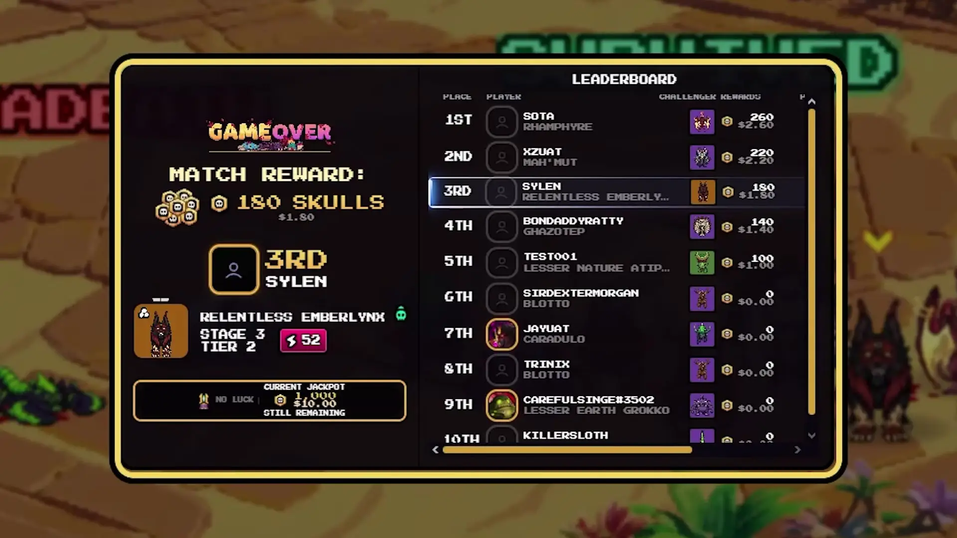 In Illuvium Deathmatch, a game over screen displays player SYLEN finishing in third place and earning 180 skulls for their Relentless Emberlynx creature alongside the full leaderboard of competitors.