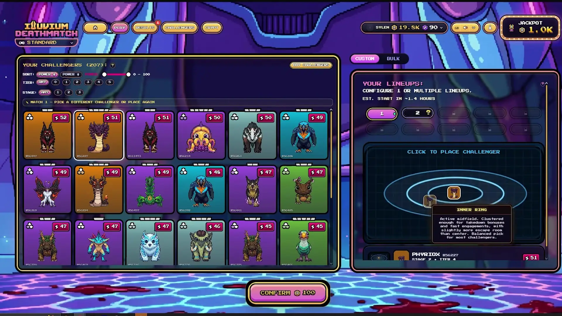In this screenshot from Illuvium Deathmatch, a user interface displays a grid of various creature challengers on the left and a lineup configuration panel on the right where one character has been placed in an arena ring.