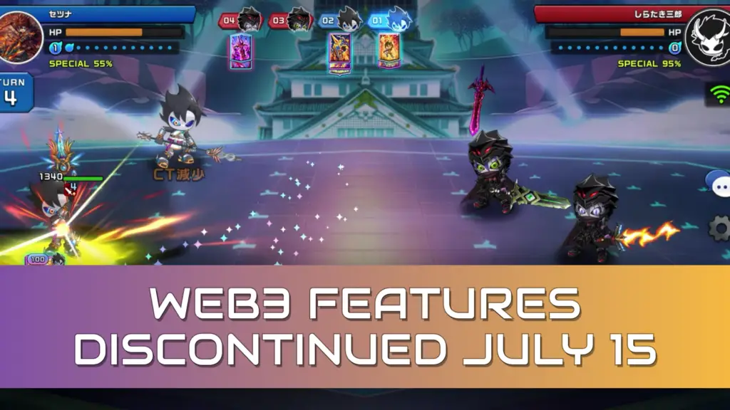 In this screenshot from Project Xeno, chibi-style characters engage in combat on a purple battlefield before a large castle while an overlay announces that Web3 features are being discontinued on July 15.