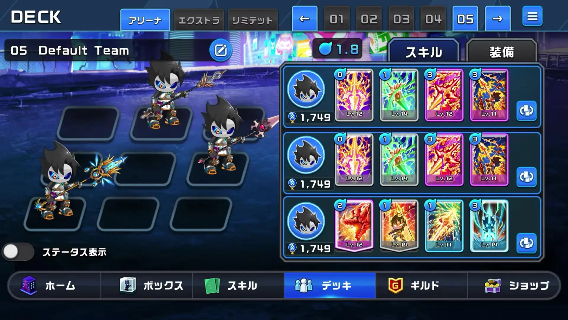 In this Project Xeno deck management screen, three identical chibi characters equipped with weapons are arranged on the left side of a futuristic interface alongside their corresponding skill cards and stats displayed in rows to the right.