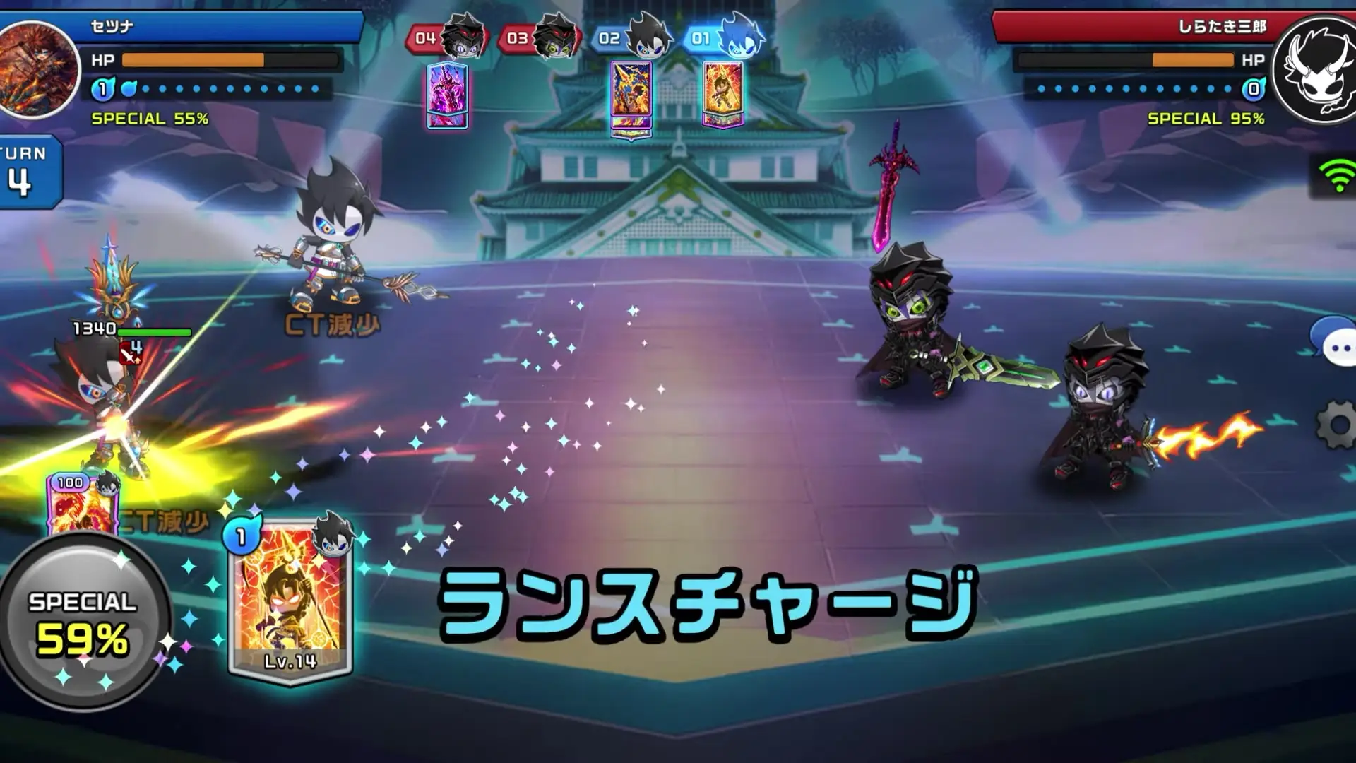 In this screenshot from Project Xeno, chibi-style characters engage in battle on a tiled arena before a castle backdrop while Japanese text displays the move name Lance Charge and various combat statistics appear at the top of the screen.