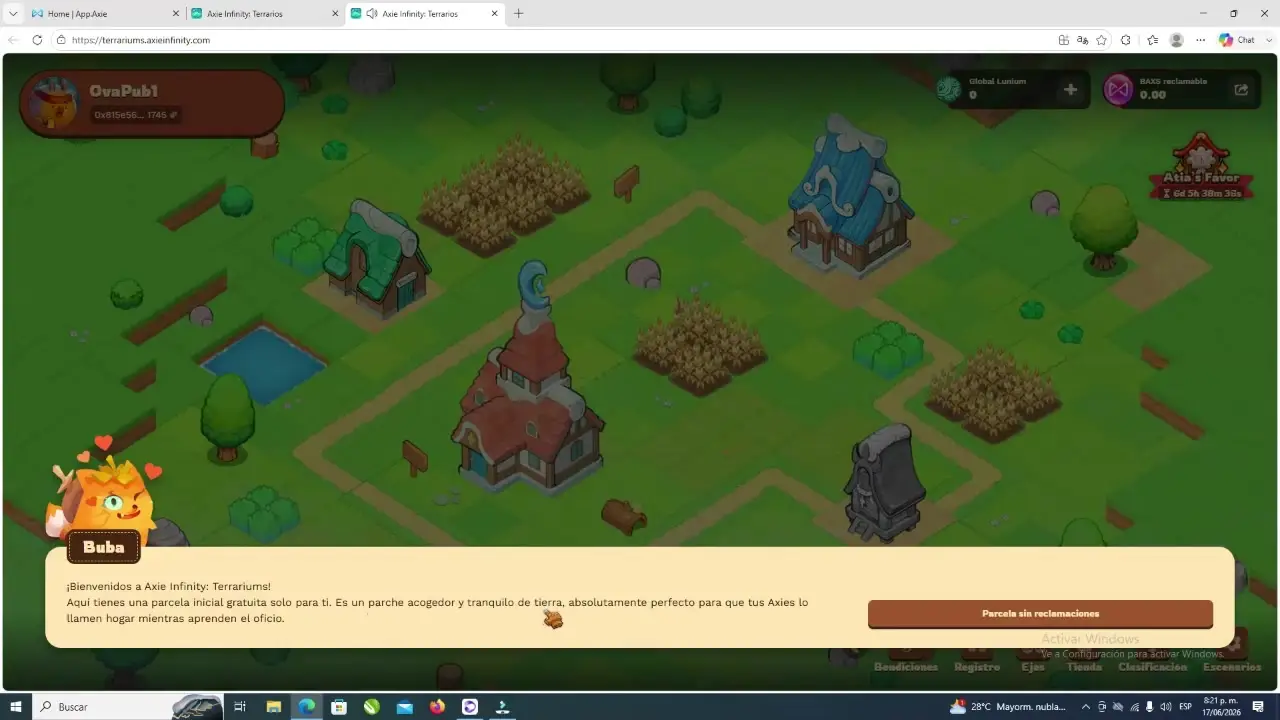 In this screenshot of Axie Infinity's Terrariums interface, an isometric view displays the player OvaPub1's green land parcel featuring several buildings and crops alongside a dialogue box from the character Buba.