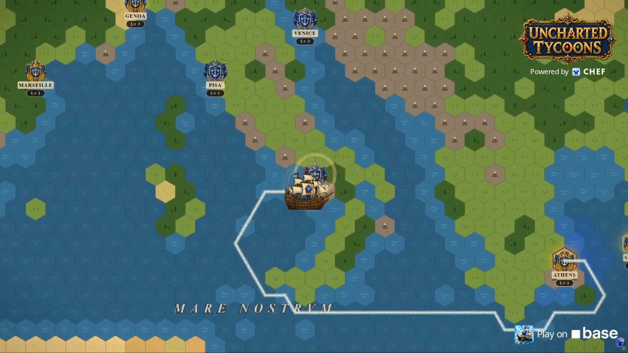 Uncharted Tycoons shows a hex-tile world map with a sailing ship charting a route across Mare Nostrum between coastal cities like Pisa, Venice, Genoa, Marseille, and Athens.