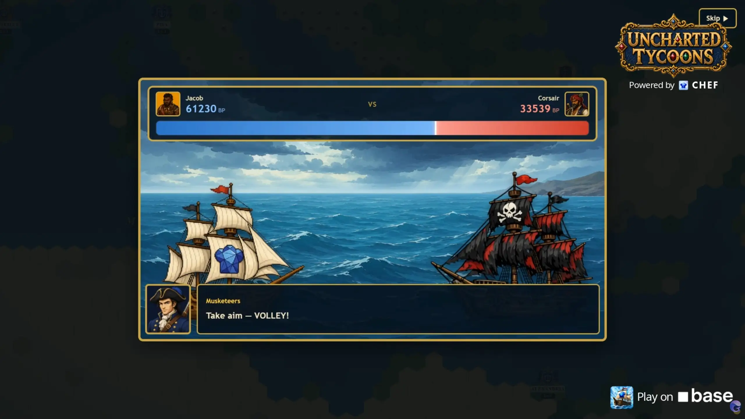 Uncharted Tycoons shows a naval battle scene where Jacob’s ship faces a Corsair pirate vessel, with musketeers preparing to fire a volley.