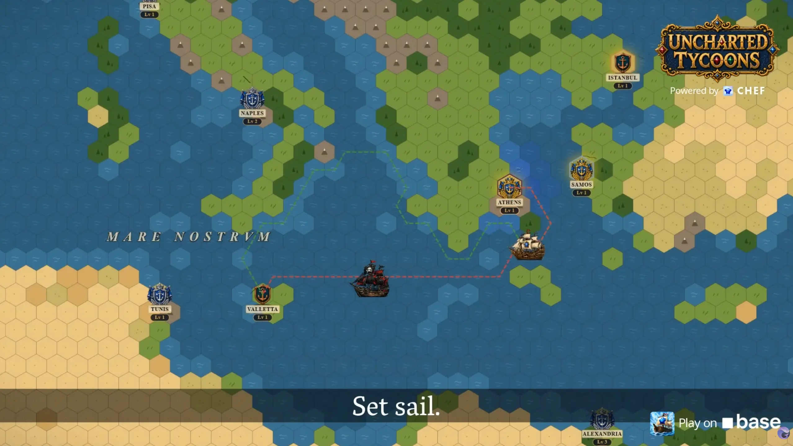 Uncharted Tycoons shows a hex-tile Mediterranean map where ships travel between cities like Athens, Valletta, Naples, Samos, and Istanbul as the player sets sail.