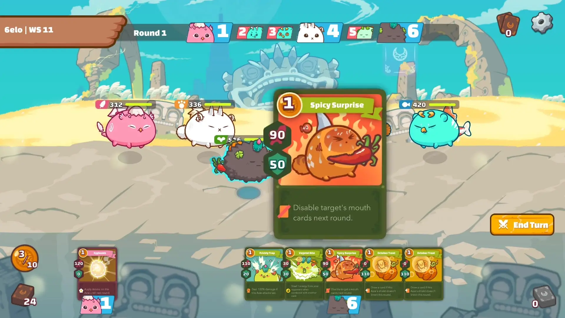 In this screenshot from Axie Classic during Round 1 of battle, three player creatures stand on the left side of an arena while a large card named Spicy Surprise is highlighted in the center foreground over a row of playable cards at the bottom.