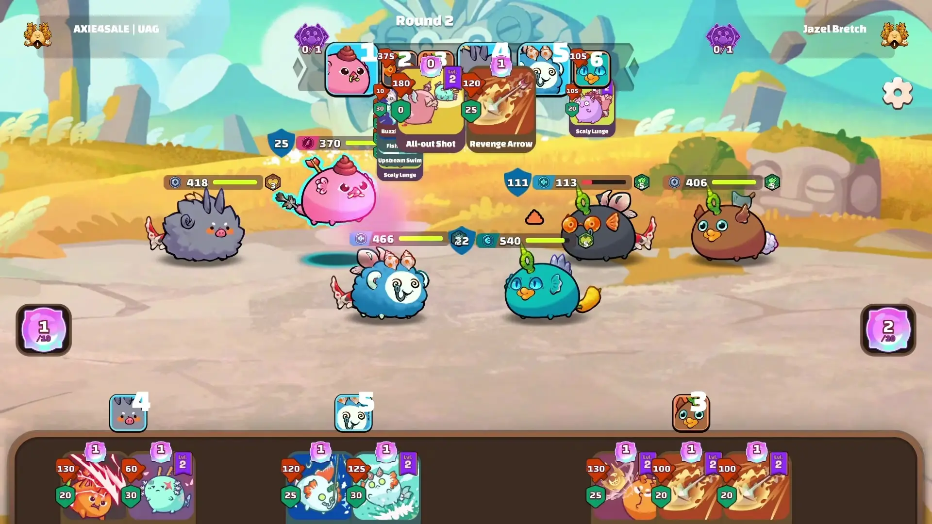 In this screenshot from Axie Classic during Round 2 of battle, six colorful creatures engage on a sandy field while the player's hand displays various card options at the bottom and an opponent's active cards are highlighted above.
