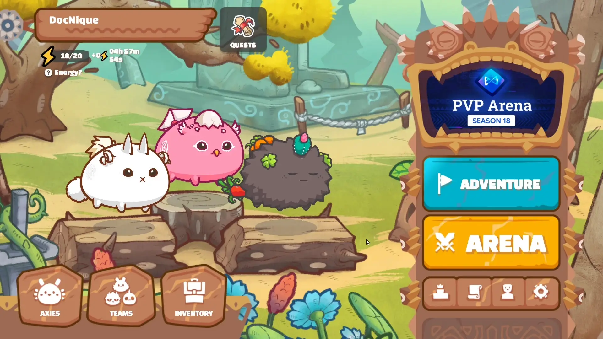 In this screenshot from Axie Classic, three distinct creatures stand on wooden stumps in an outdoor setting while the game's user interface displays menu options like Adventure and Arena alongside player information for DocNique.