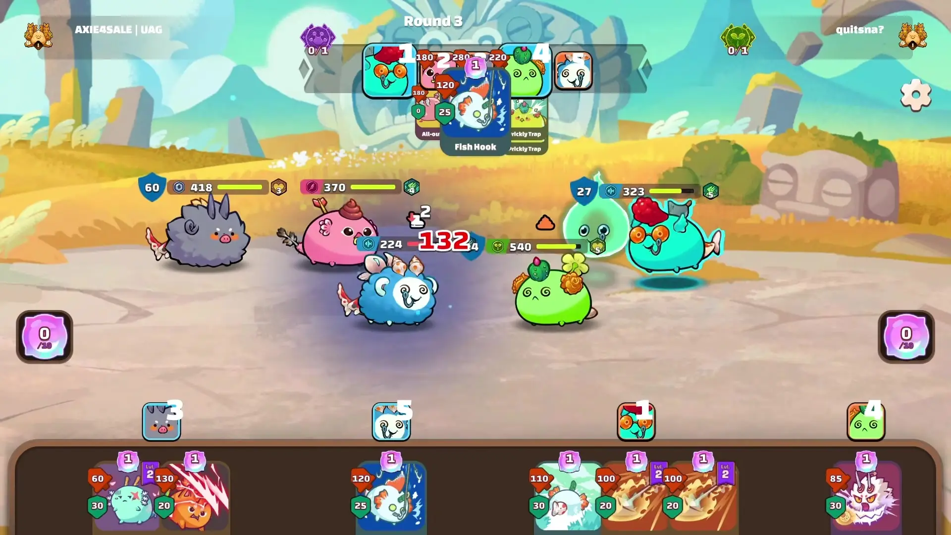 In this screenshot from Axie Classic during Round 3 of battle, five colorful creatures engage in combat on an arena floor while the player selects cards at the bottom and health bars display above each unit.