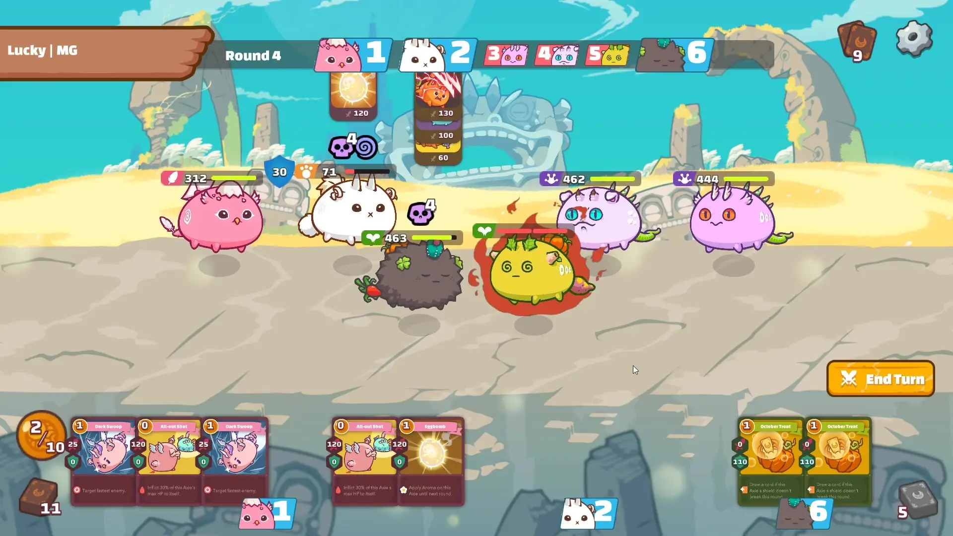 In this screenshot from Axie Classic during Round 4 of battle, six colorful creatures stand on a sandy arena facing off against each other while various gameplay cards and health bars are displayed at the top and bottom of the screen.
