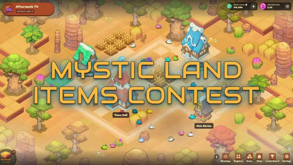 In this screenshot from Axie Infinity: Terrariums, an isometric view of the Savannah biome displays various buildings like the Town Hall and Atia Shrine alongside small creatures known as Axies scattered across a landscape filled with trees and cacti.