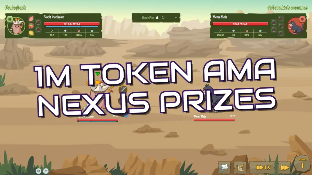 In this screenshot from Champz, two creatures named Volt Ironheart and Mean Mole face off in a desert arena during Round 1 of battle while large text announces '1M TOKEN AMA NEXUS PRIZES'.