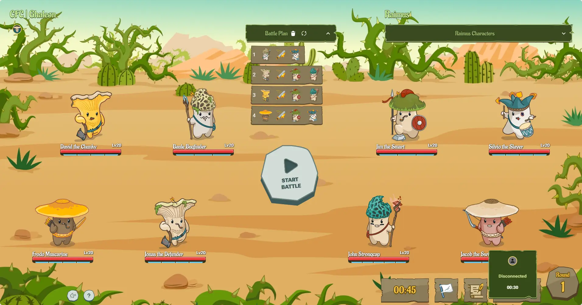 In this Champz battle screen set in a desert environment filled with cacti, eight mushroom-like characters are positioned on the field facing each other while players review their teams and prepare to start combat via a central button.